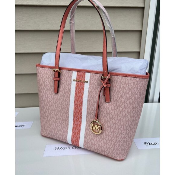 Michael Kors carryall tote bag medium jet set travel purse MK logo sherbert mult - Picture 3 of 12